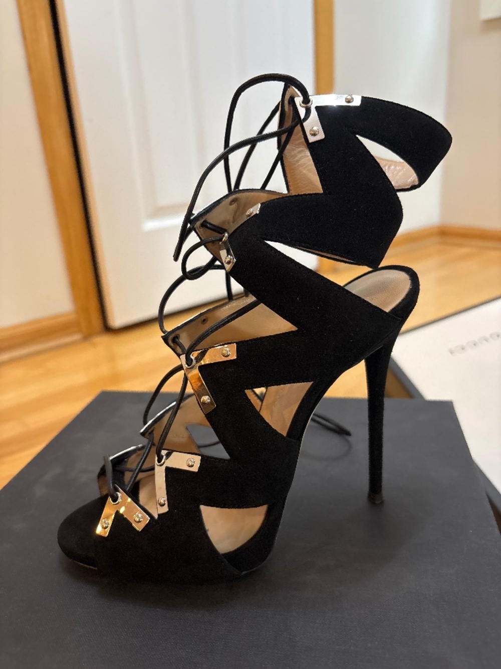 Giuseppe Zanotti Black velvet strap stiletto heels. triangles are actu